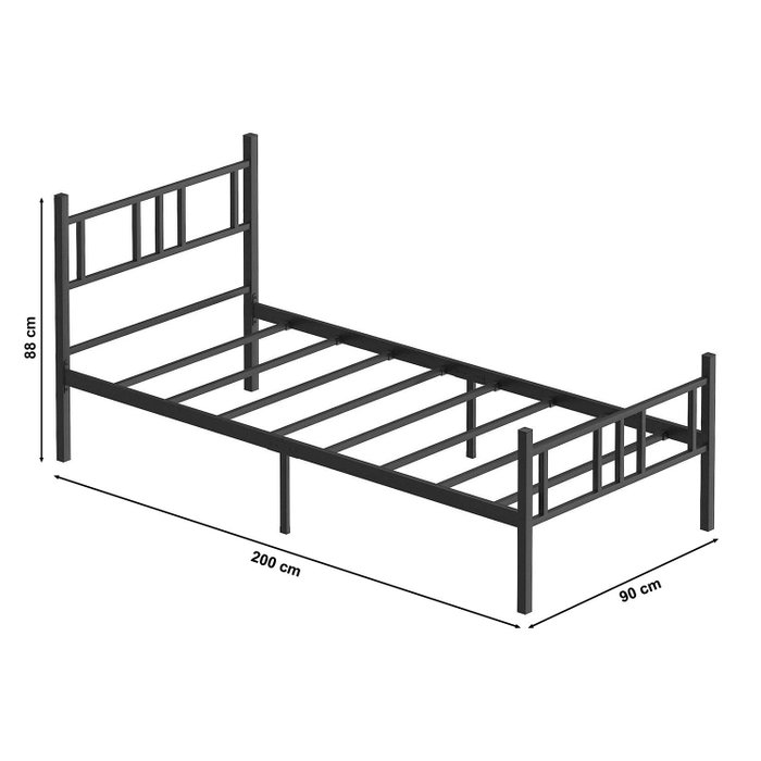 Hanah Home Cama Individual Black 90x200 Metal 100% Negro Alto Cabecero 88cm Profundo 200cm Patas 31.5cm